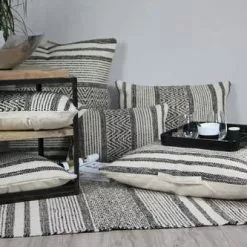 Tappeto Cotone Intrecciato Nero Righe Bianche 120x180