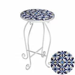 Tavolino Ceramica Mattonelle Azzurre E Ferro Bianco Tondo Cm35x59h