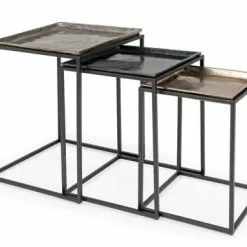 Tris Tavolini Quadrati Da Salotto Piano Vassoio Alluminio Anticato