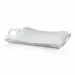 Vassoio Metallo Bianco Shabby Maniglie Cuore 34x23