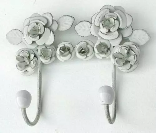 Appendiabiti Roselline Ferro Bianco Shabby 2 Ganci A Parete