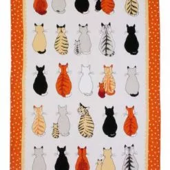 Asciugapiatti - Tea Towel Cotone Gatti In Attesa Cornice Arancio