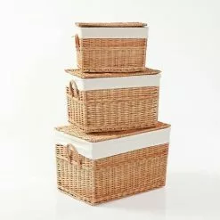 Baule Vimini Naturale Con Fodera Bianca E Manici Ecopelle