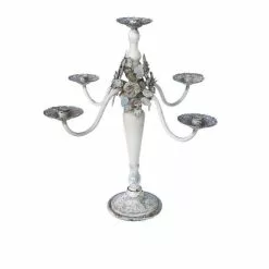 Candeliere 5 Braccia Ferro Bianco Shabby Con Fiori 55h