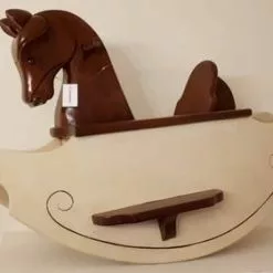 Cavallo A Dondolo Per Bambini Legno Noce Base Bianca