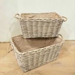 Cesto Legna Vimini Grigio Rettangolare Con Fodera Iuta E Maniglie