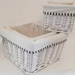 Cesto Quadrato Vimini Bianco Con Fodera Riga Grigia