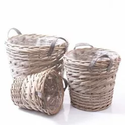 Cesto Legna Tondo Vimini Grigio Con Manici Pelle