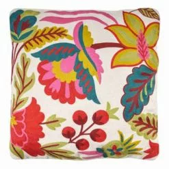 Cuscino Bianco Ricamo Fiori Colorati Rosa 50x50
