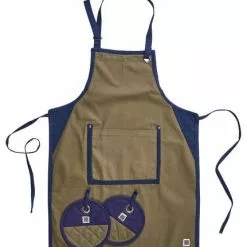 Grembiule Cotone Blu E Verde Con 2 Presine Cotone