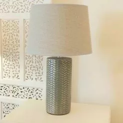 Lampada Ceramica Intreccio Verde Oro Paralume Ecru 51h