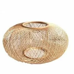 Lampadario Sfera Schiacciata Fili Rattan Naturale Cm 45