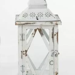 Lanterna Legno Bianco Tetto Decoro Fiorellini H41