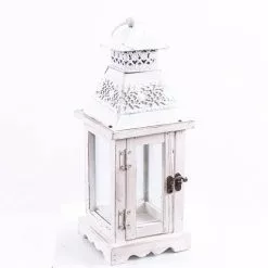 Lanterna Legno Bianco Tetto Metallo Decorato H34