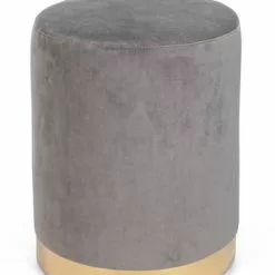 Pouf Cilindro Velluto Grigio Fascia Oro 40h