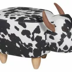 Pouf Animale Toro Maculato Bianco E Nero Tessuto Piedi Legno