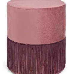 Pouf Cilindro Velluto Rosa Antico Con Frange 38x43h