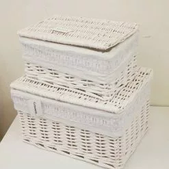 Scatola Vimini Laccato Bianco Fodera Bianca Merletto