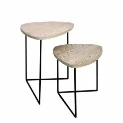 Coppia Tavolini Triangolo Legno Abete Spazzolato E Metallo