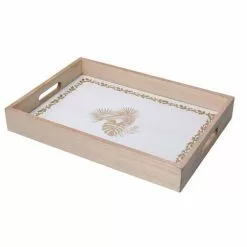 Vassoio Legno Naturale Fondo Bianco Foglie Oro 35x25